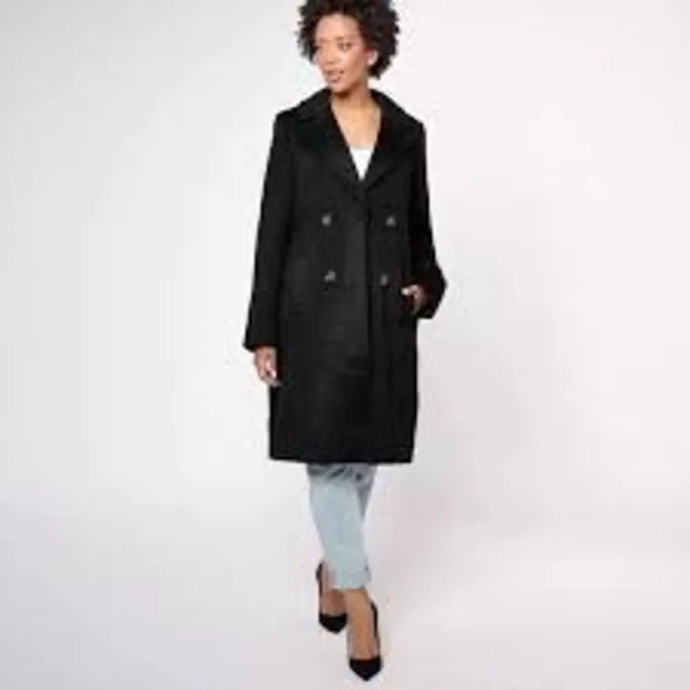 Dennis Basso Women's 8 Double Breasted Peacoat Black Knee Length Dressy Winter